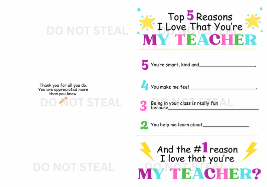Teacher Appreciation Card Instant Digital Download