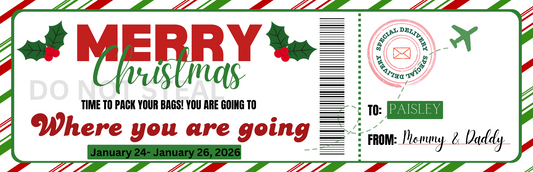 Merry Christmas Ticket for Trip Gifts Instant Digital Download