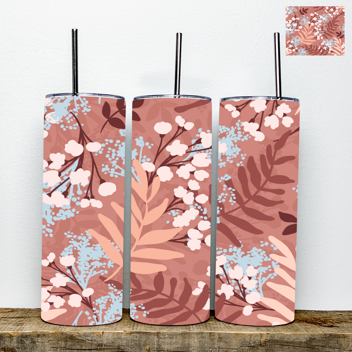 Coral and Blue Flower Tumbler | Stainless Steel Double Wall Tumbler