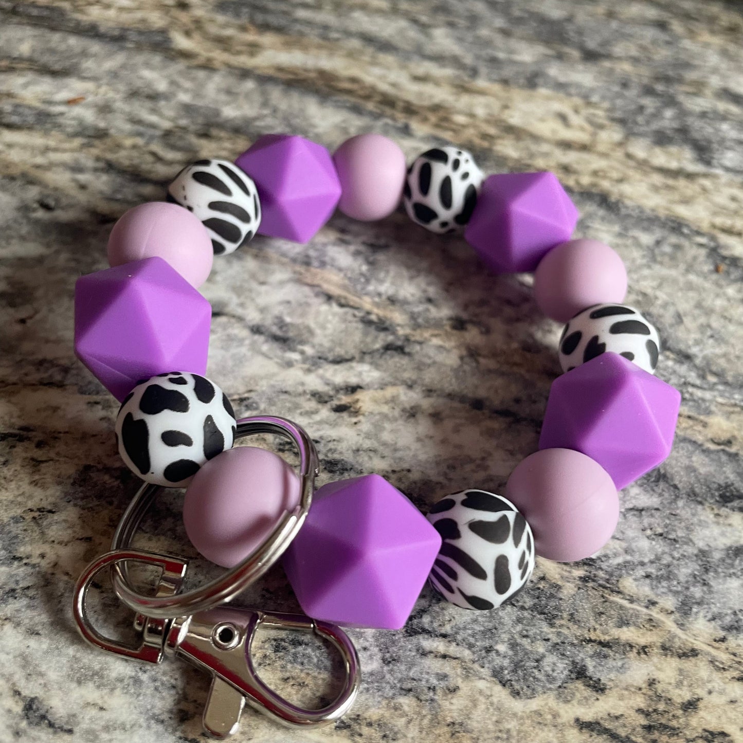 Purple & Cow Print Silicone Beaded Keychain
