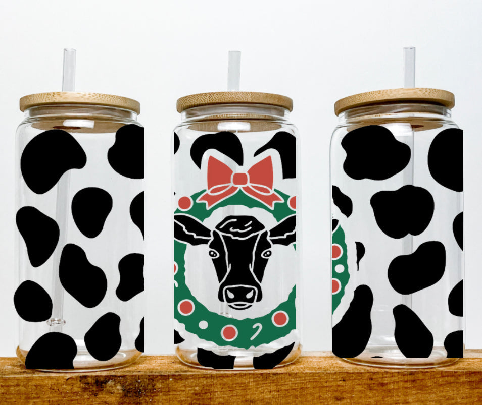 Christmas Cow Wreath Libby Glass | 16oz Libby Glass Cup