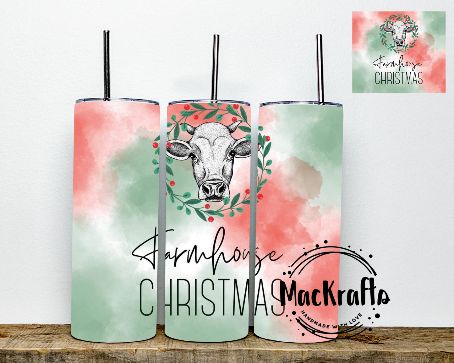 Farmhouse Christmas Cow Tumbler | Stainless Steel Double Wall Tumbler