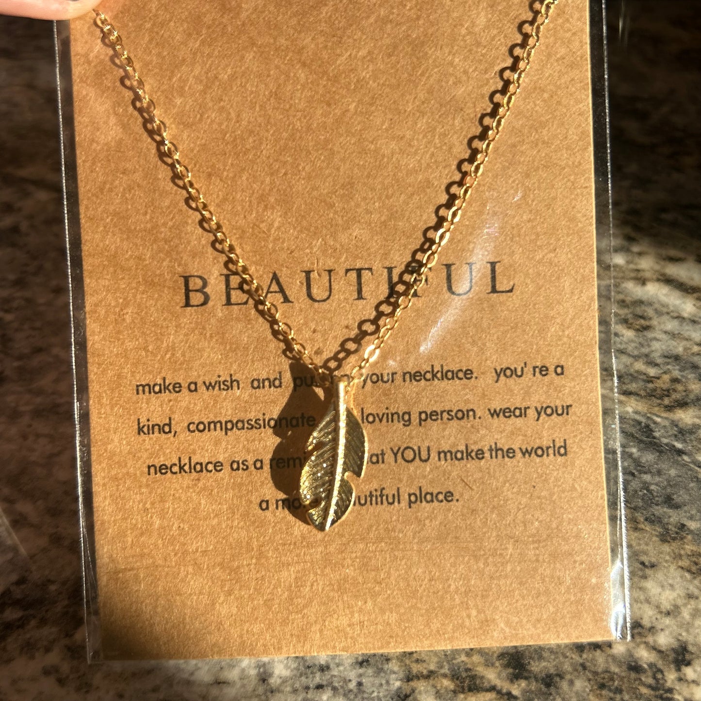 Feather Necklace - Gold - With A Beautiful Poem