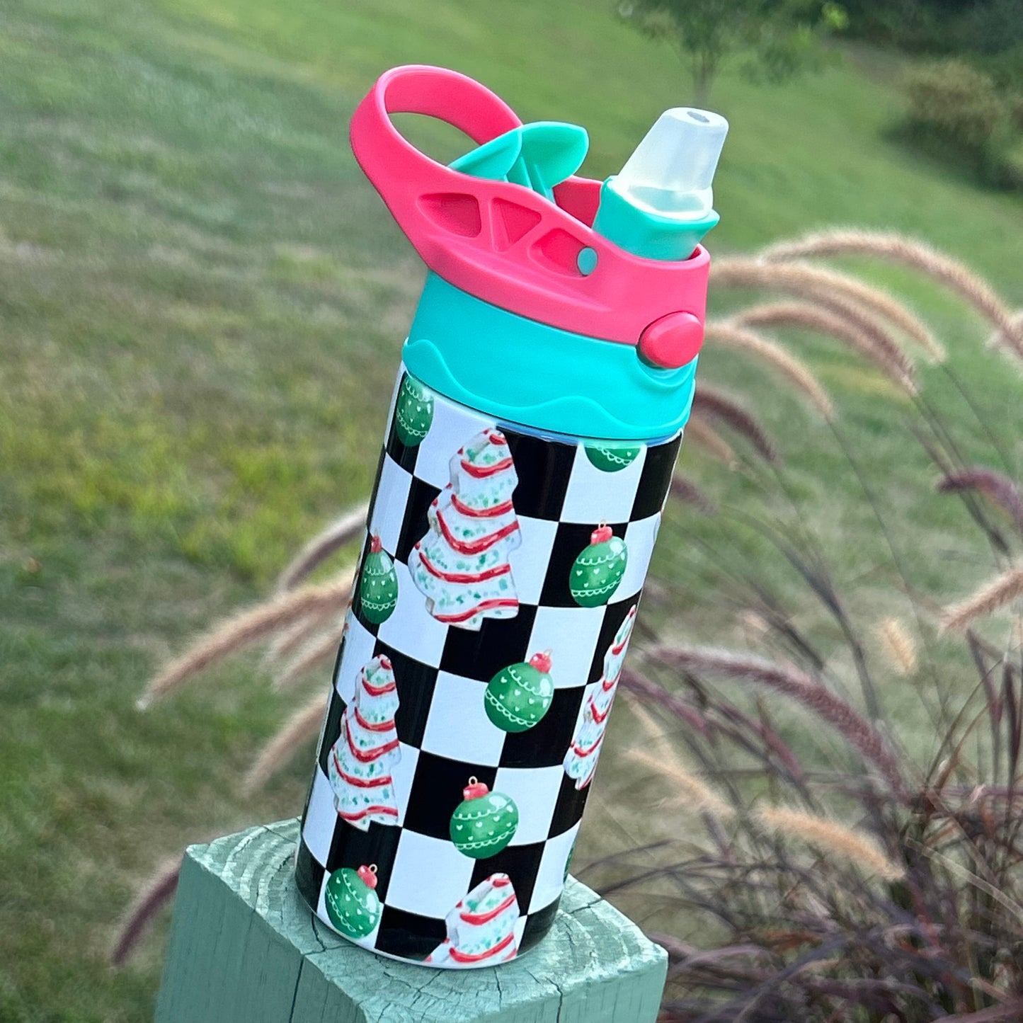 Christmas Treat Check Stainless Steel Kids Flip Lid Cup