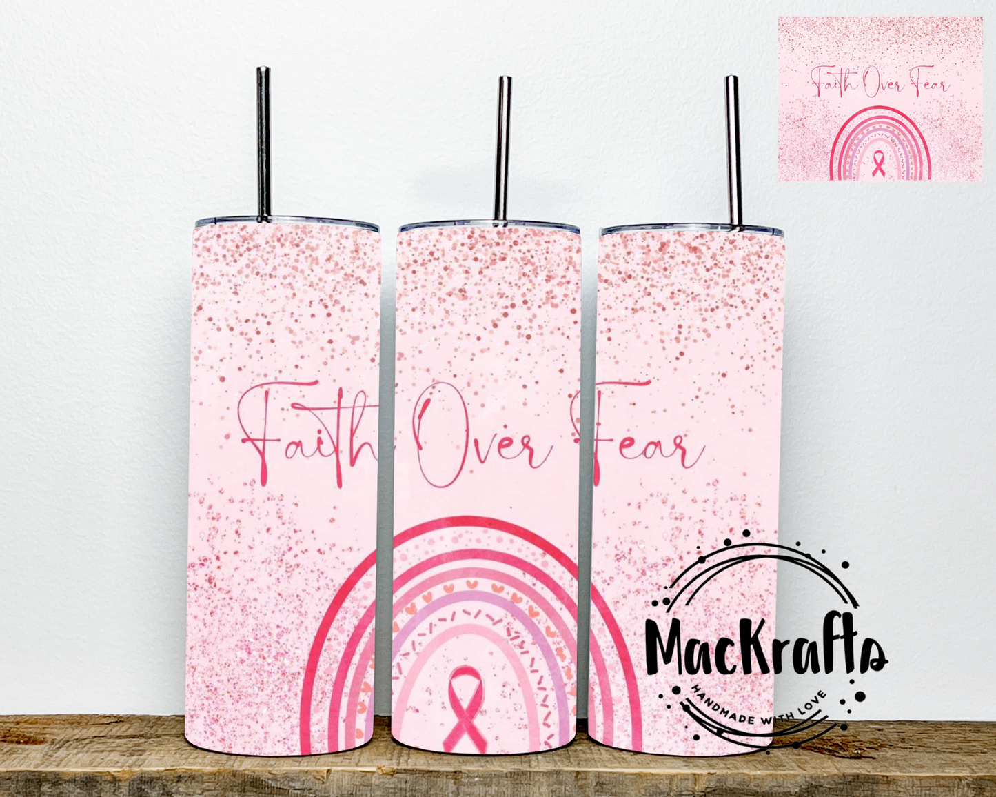 Breast Cancer Awareness Tumbler | Faith Over Fear | Stainless Steel Double Wall Tumbler