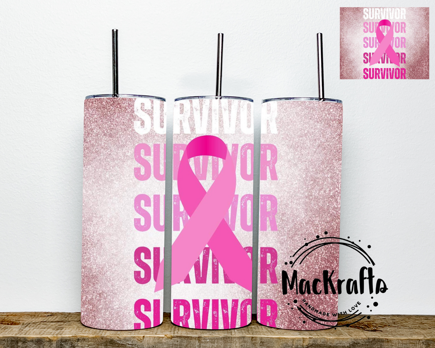 Breast Cancer Awareness Tumbler | Survivor Survivor Pink Ribbon and Glitter | Stainless Steel Double Wall Tumbler