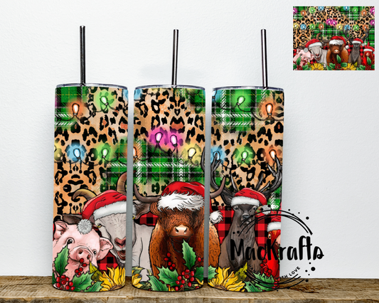 Farm Animals With Santa Hats Christmas Plaid And Cow Print  Tumbler | Stainless Steel Double Wall Tumbler