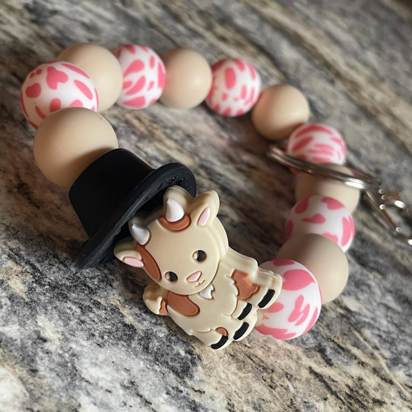 Goat & Pink Cow Print Silicone Beaded Keychain