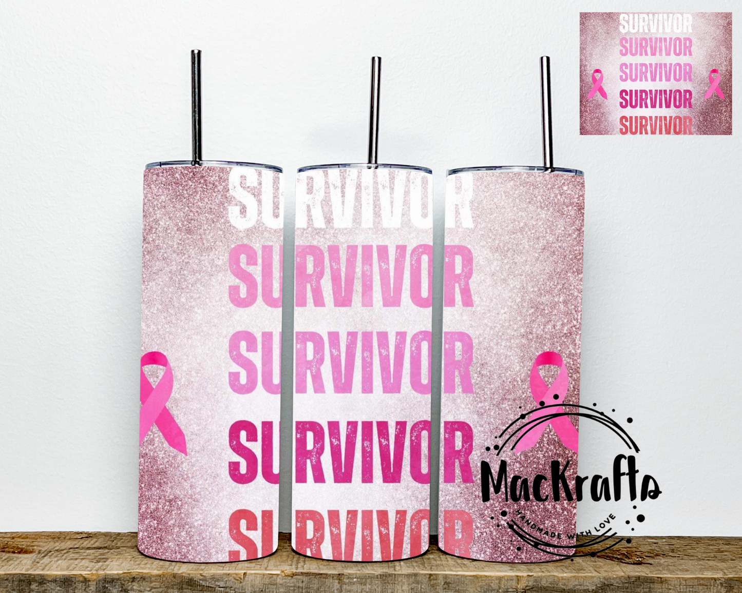Breast Cancer Awareness Tumbler | Survivor Survivor Pink Glitter | Stainless Steel Double Wall Tumbler
