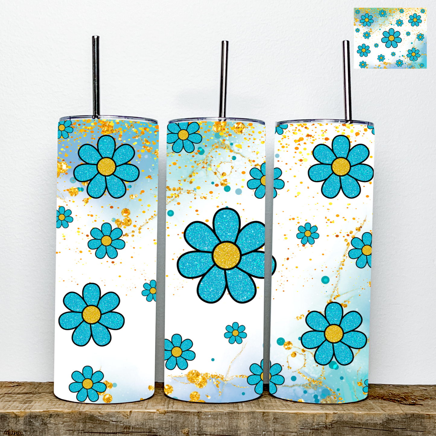 Blue and Yellow Glitter Flowers Tumbler | Stainless Steel Double Wall Tumbler