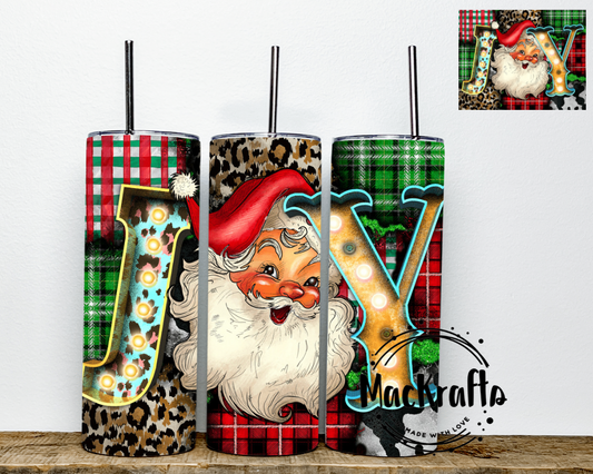 Joy Santa Christmas Plaid And Cow Print  Tumbler | Stainless Steel Double Wall Tumbler