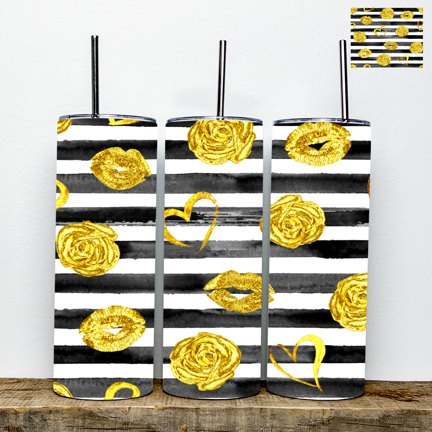 Black and Gold Hearts and Roses Valentine’s Day Tumbler | Stainless Steel Double Wall Tumbler